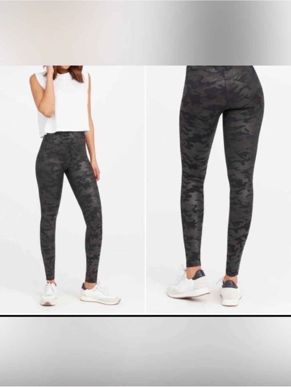 SPANX FAUX LEATHER BLACK CAMO TUMMY SHAPING HIGH WAISTED LEGGINGS MEDIUM